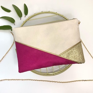 Beige fuchsia purple gold clutch bag perfect for a wedding or an evening