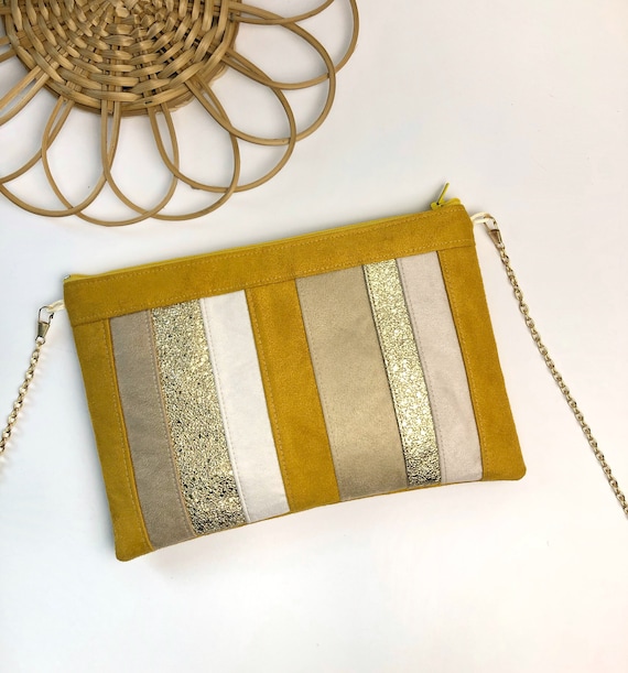 Mustard Yellow Beige White and Gold Clutch Bag With Wrist Strap Shoulder Strap or Bag Chain Etsy Australia