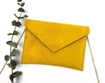 Senfgelbe Hochzeitsclutch, safranockerfarbene Umschlagtasche, Boho-Gästetasche mit silberner oder goldener Kette, handgefertigt von ThéaLouise