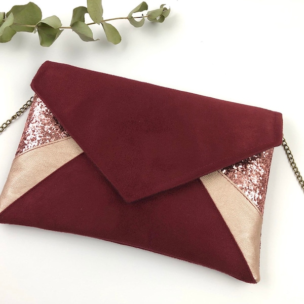 Pochette bordeaux or rose et paillettes idéale pour un mariage ou une soirée