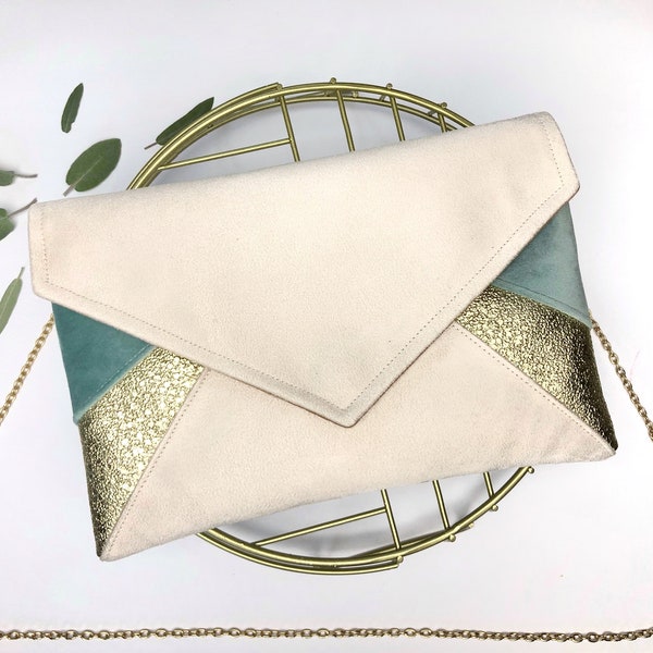 Pochette verde salvia, beige e oro, ideale per la damigella d'onore della sera della damigella d'onore