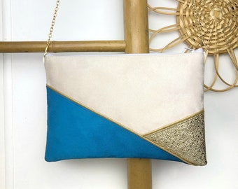 Beige blauw turquoise gouden Pochette tas perfect voor een bruiloft of avond