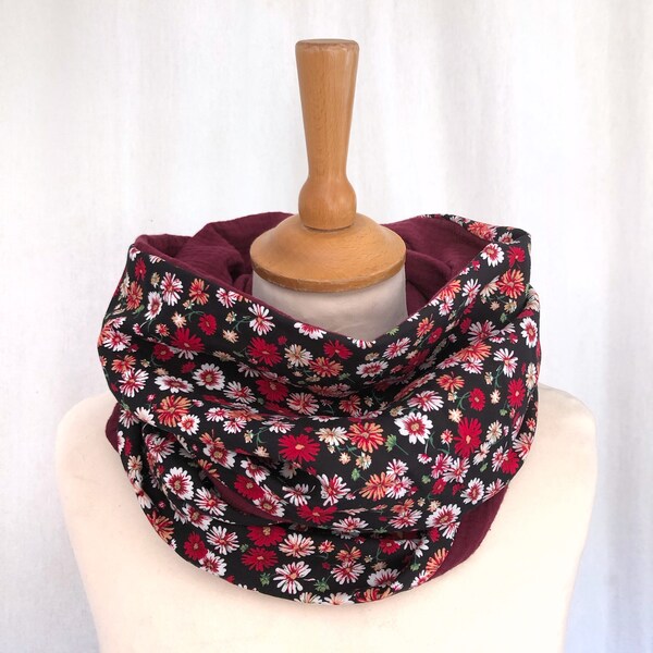 Foulard femme, snood, Tour de cou, bordeaux et fleurs, parfait en intersaison