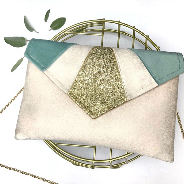Pochette da borsetta beige verde salvia e oro ideale per la serata della damigella d'onore del matrimonio della sposa
