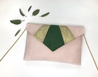 Sac Pochette enveloppe rose poudré vert et doré pour un mariage une soirée