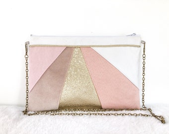 Pochette blanche rose poudré doré, pochette de soirée, pochette mariage rose clair, Demoiselle d'honneur rose pastel, ThéaLouise