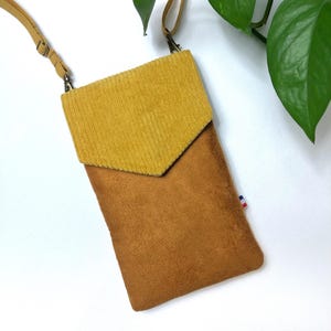 Brown camel and mustard yellow ochre cell phone pouch smartphone case and bank card pocket
