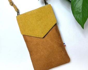 Brown camel and mustard yellow ochre cell phone pouch smartphone case and bank card pocket