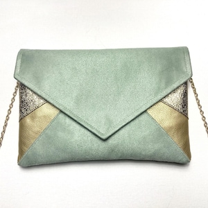 Sac Pochette vert sauge et doré parfait pour un mariage une soirée demoiselle d’honneur