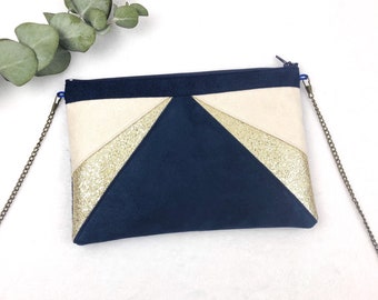 Navy blue beige gold clutch perfect for an evening outfit