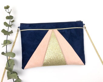 Pink navy blue clutch, Powder pink clutch, Evening clutch, Pastel wedding clutch, Blue and gold shoulder bag