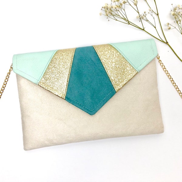 Pochette beige menta, verde acqua turchese e oro, ideale per un outfit da matrimonio o da sera