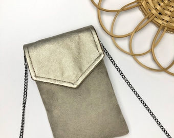 Pochette téléphone portable étui smartphone gris taupe et bronze