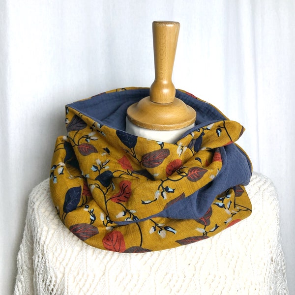 Echarpe légère femme Foulard snood Tour de cou  jaune moutarde coton bleu jean