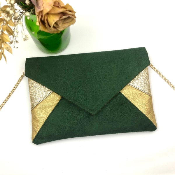 Pochette da sera da donna verde e oro, ideale per rendere più sofisticato un outfit da sposa