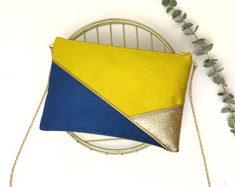 Bolso de mano amarillo brillante y azul cobalto perfecto para una boda temática amarilla