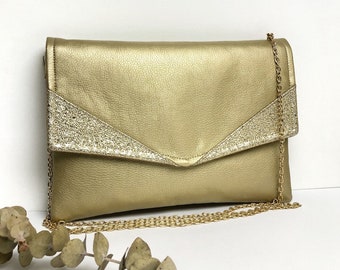 Golden envelope clutch bag ideal for a wedding or an evening