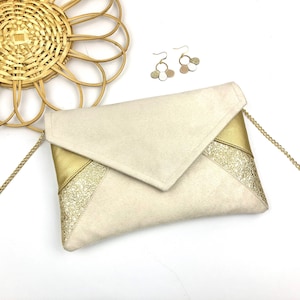 Beige, ecru and gold clutch bag ideal for a wedding, an evening, chain or wrist strap