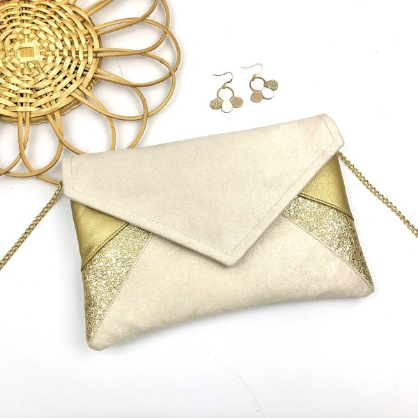 Beige-goldene Clutch, ideal für eine Hochzeit, einen Ketten- oder Riemenabend