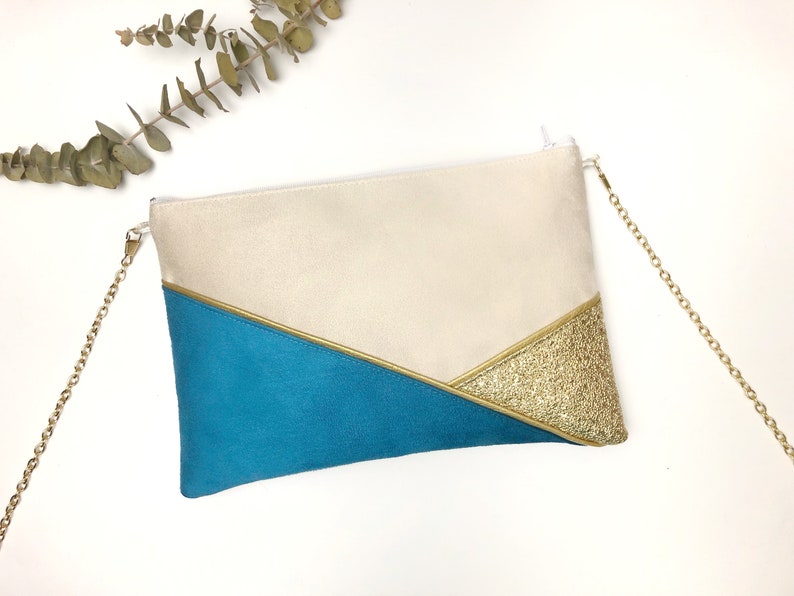 Sac Pochette beige bleu turquoise doré parfait pour un mariage une soirée image 5