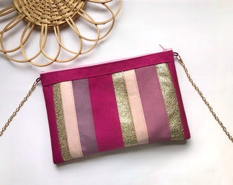 Fuchsia pink peach mauve and gold patchwork clutch bag with shoulder strap or bag chain