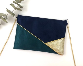 Pochette bleue marine vert et doré parfaite pour une tenue de soirée ou pour accessoiriser une tenue