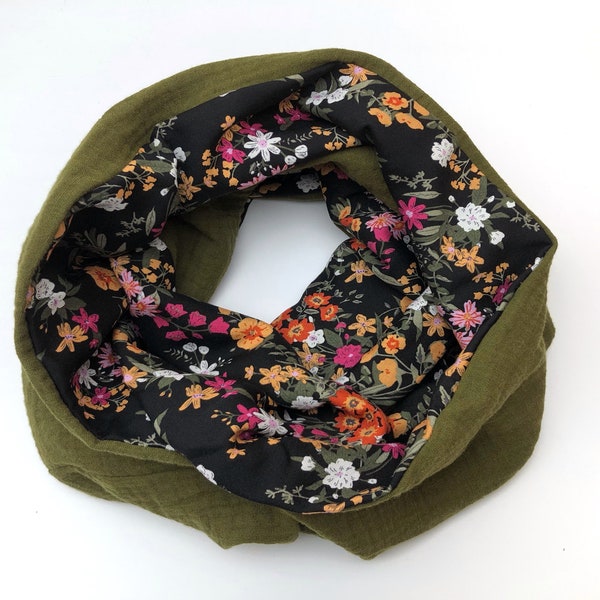 Women's light scarf Snood scarf Khaki green and flower neck warmer