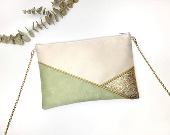Beige sage green gold Pochette bag perfect for a wedding an evening