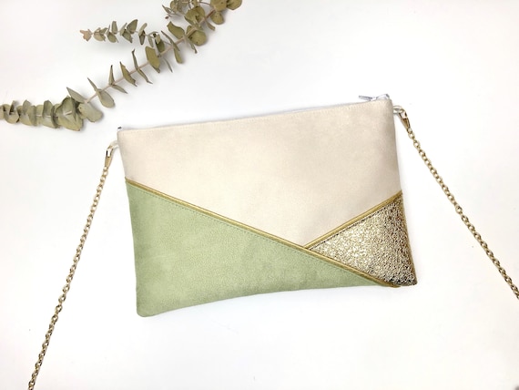 Sac Pochette beige vert sauge doré parfait pour un mariage une soirée