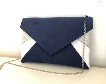 Navy blue and silver evening clutch bag for women, ideal for making a wedding outfit more sophisticated