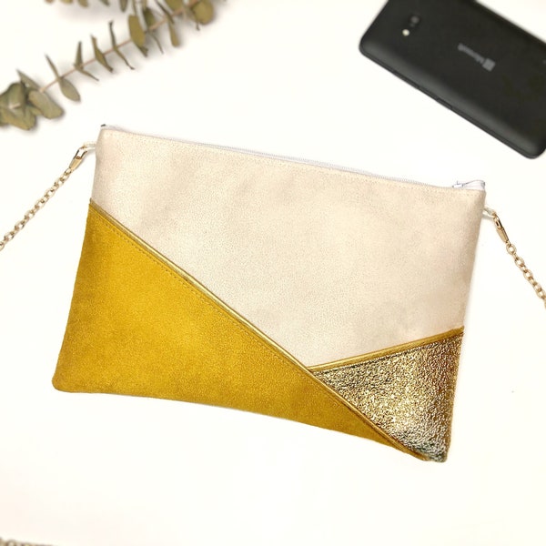 Sac Pochette beige jaune moutarde doré parfait pour un mariage une soirée