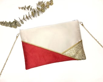 Sac Pochette beige rouge doré parfait pour un mariage une soirée