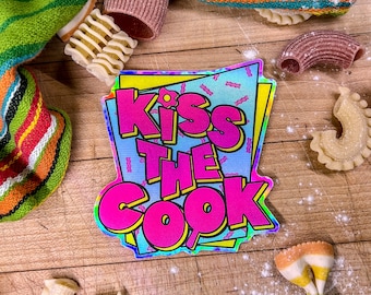 Kiss The Cook Holographic 90's Inspired Laptop, Journal, and Water Bottle Waterproof Sticker