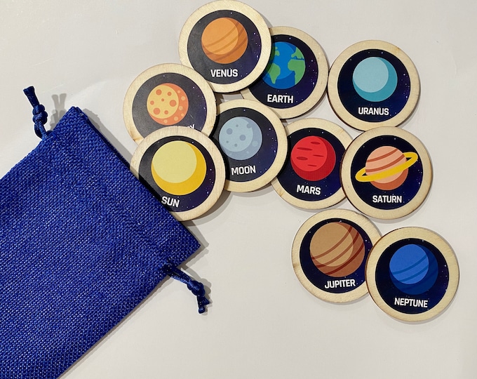 Wooden planet solar system, wooden disc game,  space stocking stuffer