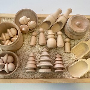 Build your own Wooden Sensory Bin Tools for Sensory Play, Montessori, Waldorf, Scoops, Bowls, Peg People, Tree