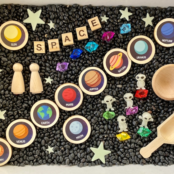 Space sensory kit, space sensory bin, kindergarten space sensory tray, Personalize with your Childs name