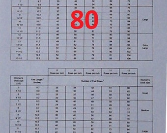Chart showing number of foot rows required for a specific foot length when knitting on a CSM with a 80 slot cylinder-Instant Download