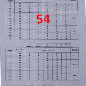 Chart showing number of foot rows required for a specific foot length when knitting on a CSM with a 54 slot cylinder-Instant Download