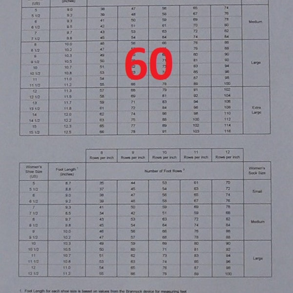 Chart showing number of foot rows required for a specific foot length when knitting on a CSM with a 60 slot cylinder-Instant Download