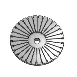 May include: A grayscale, circular object with a central hole and radial lines extending to the outer edge. The outer edge has rectangular notches. The object appears to be made of metal and is set against a white background.