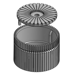 May include: A grayscale, cylindrical object with a removable, circular top. The top has a series of evenly spaced, rectangular protrusions radiating from a central hole. The cylindrical body has vertical, rectangular ridges. The design suggests a mechanical or industrial component.