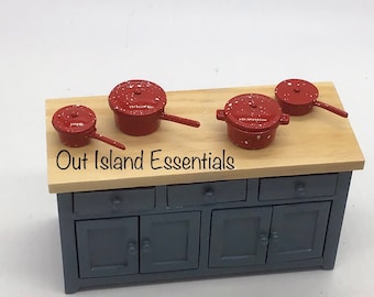 8 Pc. Dollhouse Red Spatter Kitchenware I Miniature Doll Pots I Miniature Dollhouse Kitchenware I 1:12 Scale Dollhouse Cooking Accessories