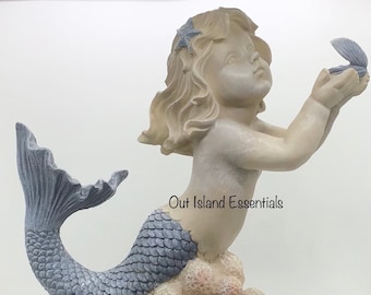 MerGirl Statue | 13 Inches Large Mermaid Decoration | Pearl Shell Holding Mermaid | MerGirl Mermaid | Mermaid Decor I Mermaid On A Coral