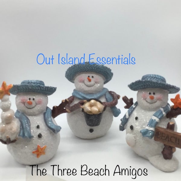 Three Amigos Snowman Christmas Statues I Snowman Decor I Take Me To The Beach Christmas I Coastal Christmas Decor