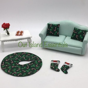 5 Pc. Dollhouse Miniature Christmas Pillows Tree Skirt & Stockings | Holiday Miniature Doll Pillows | Miniature 1:12 Scale Christmas Accents