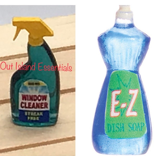 Miniature Dishwashing Liquid I Miniature 1:12 Scale House Cleaning Products I Miniature Window Cleaner