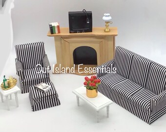 5 Pc. Dollhouse Miniature Living Room Set | Miniature 1:12 Scale Furniture | Dollhouse Accessories | Miniature Sofa Ottoman Tables