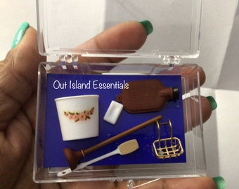 5 Pc. Miniature Bathroom Necessities I Dollhouse Miniature Plunger I Miniature Bathroom Garbage, Soap, Back Brush And Hot Water Bottle