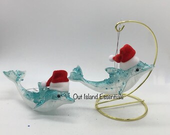Dolphin Ornament I Blue Glitter Coastal Dolphin I Cute Dolphin Ornaments I Coastal Santa Dolphin Ornaments