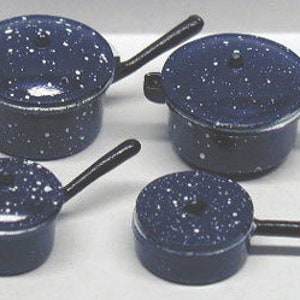 8 stuks Blue Spatter Pot-set poppenhuis I miniatuur poppenpotten I miniatuur poppenhuis keukengerei I 1:12 schaal poppenhuis kookaccessoires